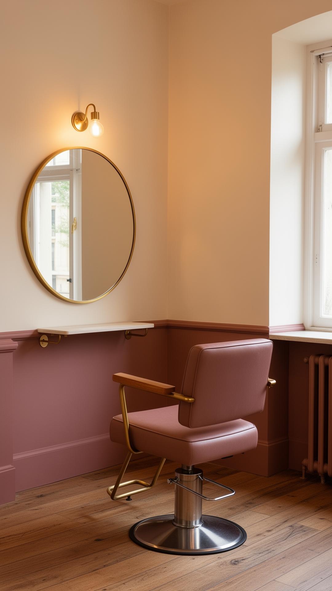 Quiet styling corner with round brass mirror and warm wood floor